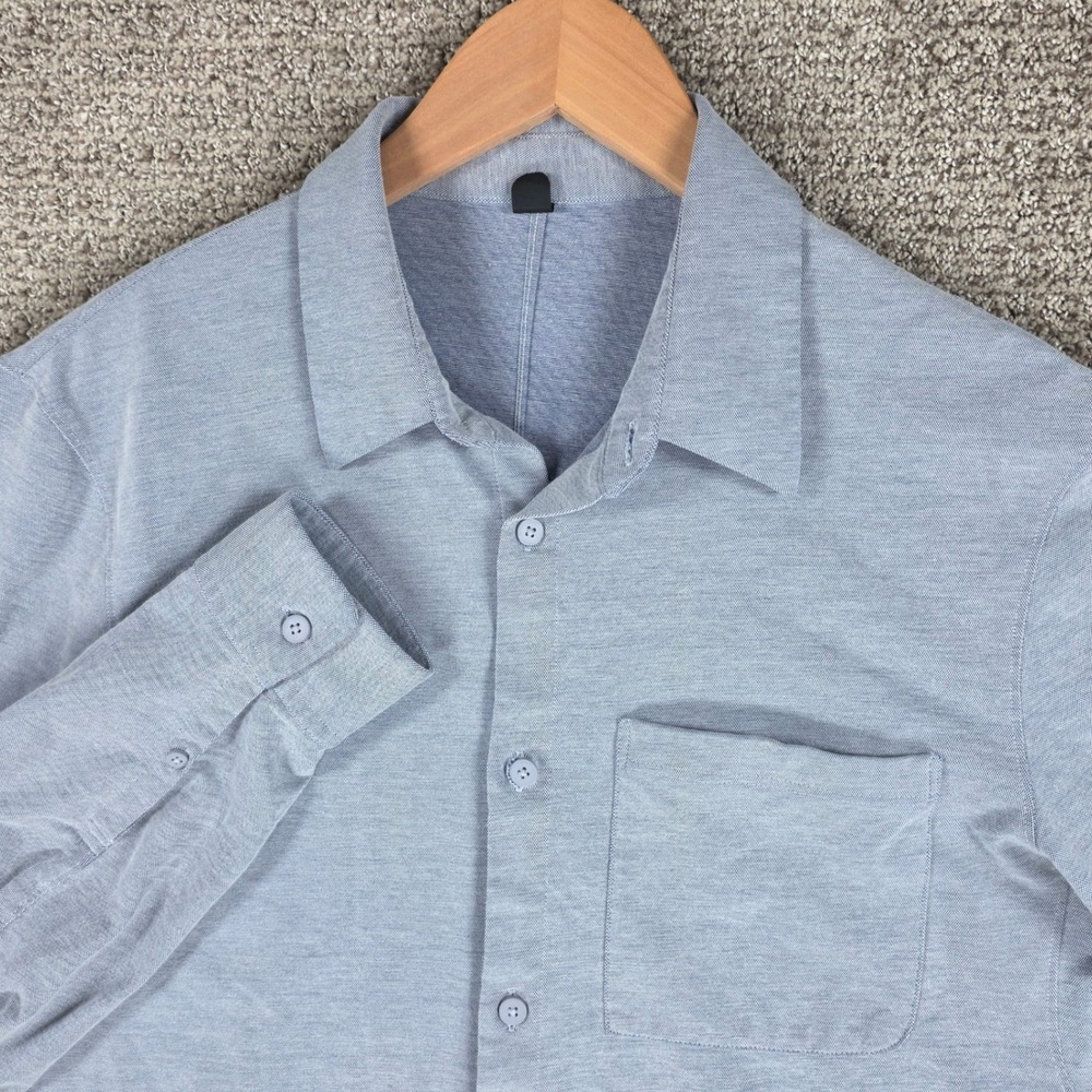 Lululemon Mens Commission Long Sleeve Shirt Large Blue Button Up Pique Tech
